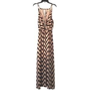 Gianni Bini Black Tan Gemma Chevron Lined To Knee Deep V Neck Sheer Maxi Dress